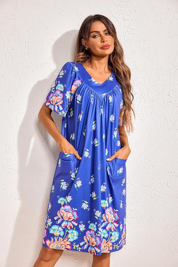Ekouaer Womens House Dress Floral Print Nightgown with Pockets Mumu Dress
