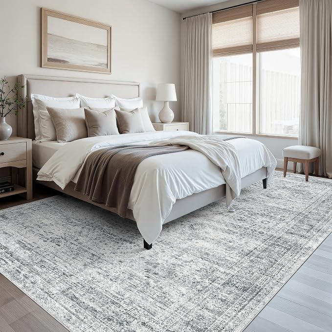 Soalmost Washable Area Rug 8x12 Large Soft Grey Rugs for Living Room | Vintage Non-Slip Carpet for Dining Bedroom, Stain Resistant Low Pile Foldable Lightweight Floor Mat Under Table Home Decor