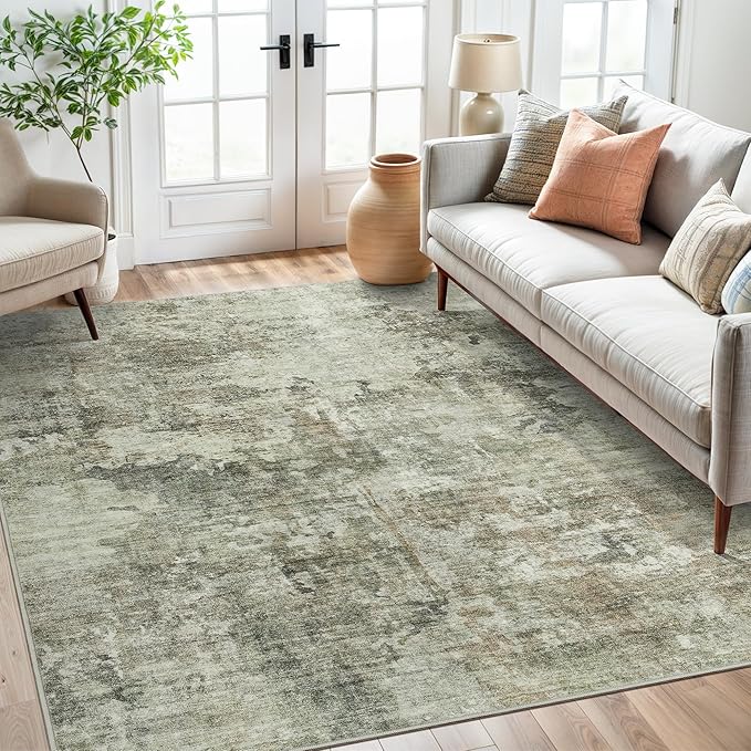 Soalmost Abstract Rug 5x7 Washable Area Rugs for Living Room, Green Black | Vintage Non-Slip Indoor Accent for Bedroom Dining, Foldable Stain Resistant Floor Carpet Mat Under Table Home Office Decor