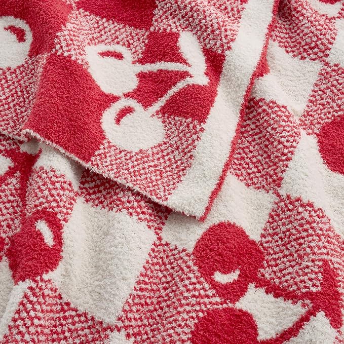 Snuggle Sac Red Cherry Throw Blanket for Couch, Microfiber Fluffy Warm Cozy Fuzzy Reversible Checkered Blankets for Sofa, Chair, Bed, 50x60 inches