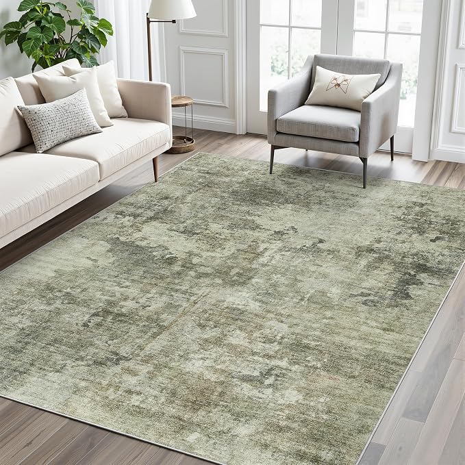 Soalmost Abstract Rug 5x7 Washable Area Rugs for Living Room, Green Black | Vintage Non-Slip Indoor Accent for Bedroom Dining, Foldable Stain Resistant Floor Carpet Mat Under Table Home Office Decor