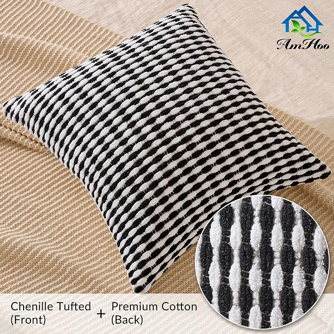 Set of 2 Boho Chenille Pillow Cover Decorative Tufted Pillowcase for Couch Bed Sofa Bedroom Living Room Modern 18 x 18-Inch Black