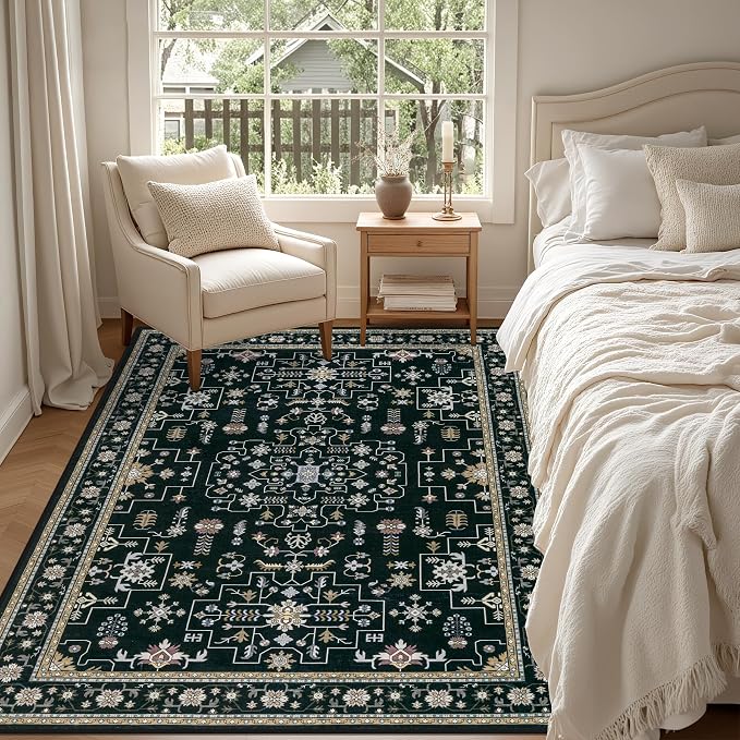 5x7 Area Rugs Living Room Rug: Washable Vintage Boho Medallion Rug No Slip Stain Resistant Soft Carpet Indoor Floor Large Carpets for Bedroom Dining Room Farmhouse Nursery Hallway Home Office Black