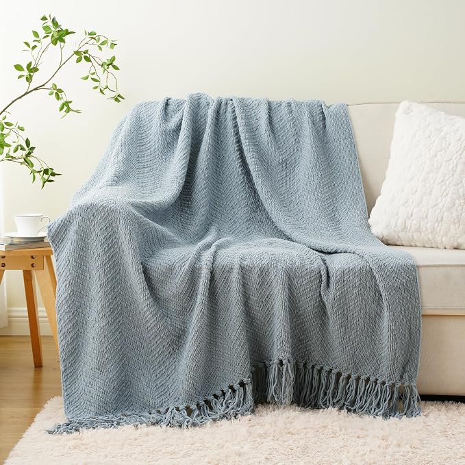 BATTILO HOME Blue Grey Throw Blanket for Couch, Knit Throw Blanket, 50"x60" | Super Soft Dusty Blue Throw Blanket with Tassels, Knit Blanket for Bed,Sofa and Living Room