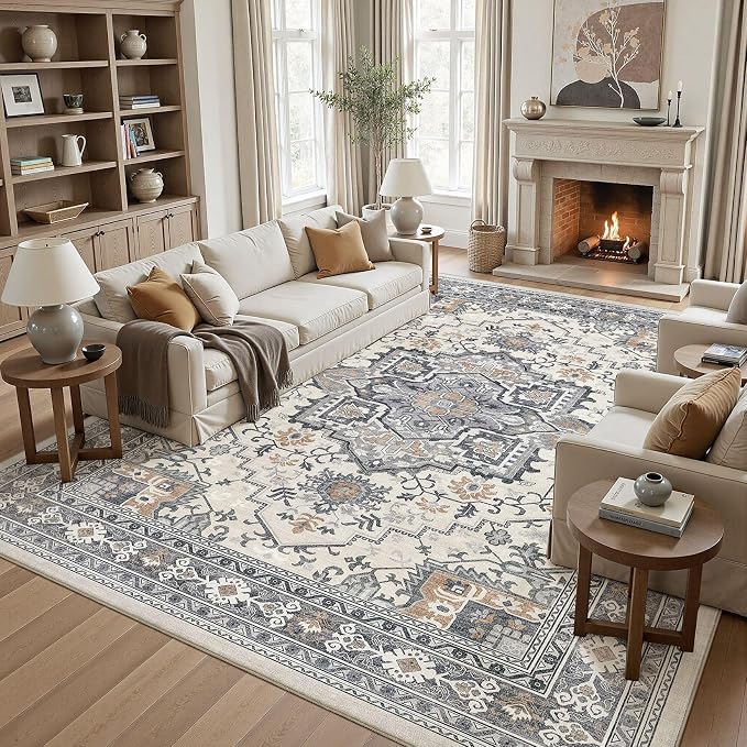 UERMEI 10x14 Area Rug Living Room Rugs - Washable Vintage Soft Large Rug Indoor Floor No Slip Rug Carpet for Bedroom Farmhouse Under Dining Table Home Office Decor - Grey-Orange