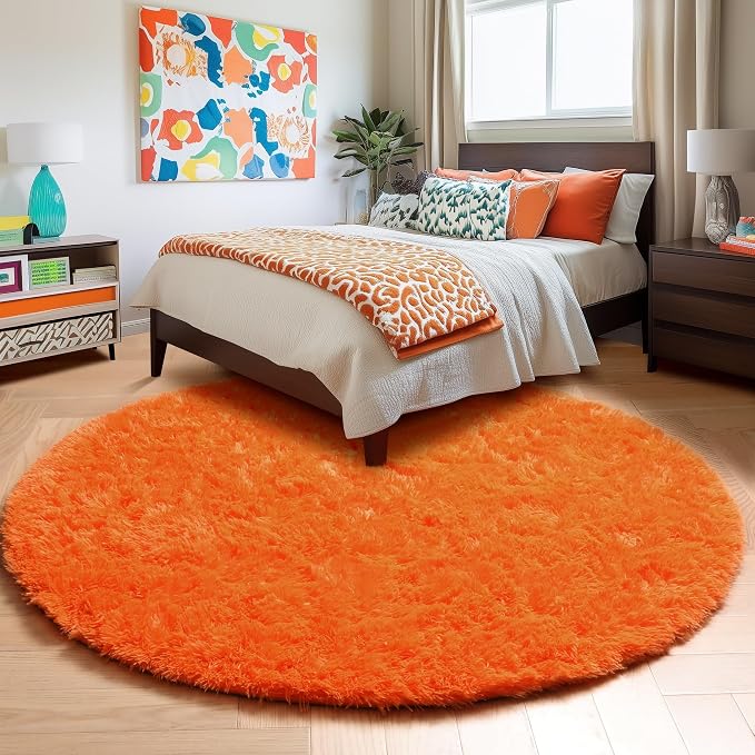 Amdrebio Orange Circle Round Rug 6Ft for Living Room Bedroom, Fluffy Furry Shag Area Rugs for Kids Room Decor Aesthetic, Cute Fuzzy Plush Shaggy Carpet for Baby Nursery Dorm Playroom, Teen Girls Boys