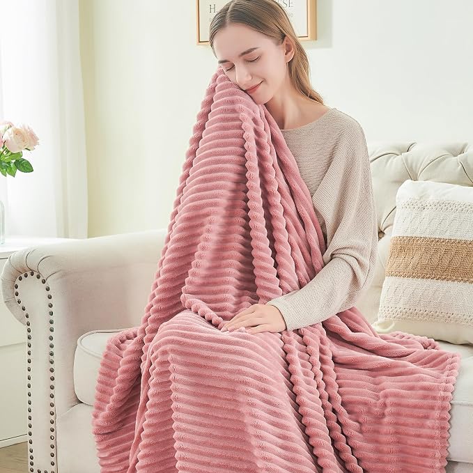 BEDELITE 3D Ribbed Jacquard Pink King Size Blankets for Bed, 108x90 Inch | Soft Warm Decorative Fluffy Blanket, Cozy Fuzzy Lightweight Plush Fleece Throw Blankets for Bed, Room Decor, Gift for Women