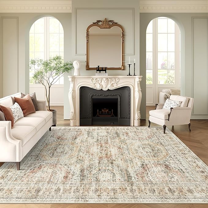 Soalmost 9x12 Area Rugs for Living Room Washable Rug Non-Slip Brown/Pink | Large Vintage Stain Resistant Carpet for Dining Bedroom, Low Pile Lightweight Foldable Floor Mat Nursery Home Office Decor