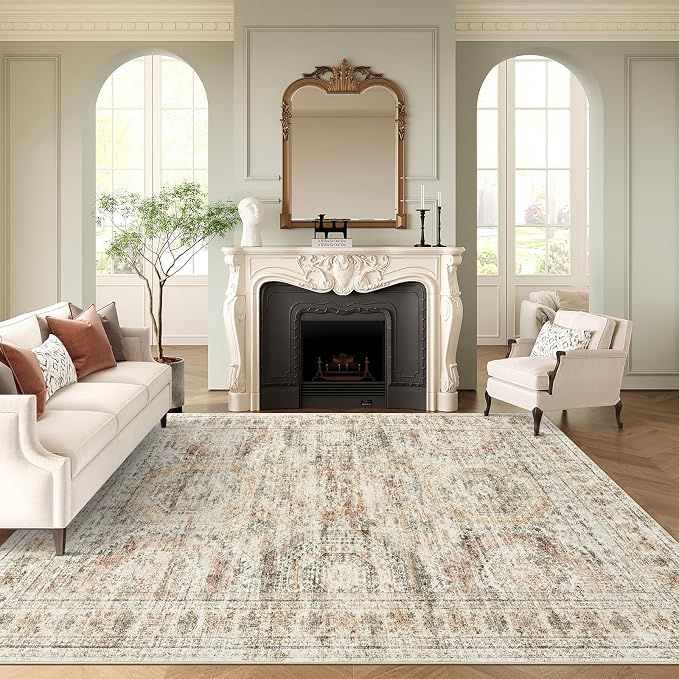 Soalmost Washable Area Rug 8x10 Large Soft Living Room Rugs Brown/Pink | Vintage Non-Slip Carpet for Dining Bedroom, Stain Resistant Low Pile Foldable Lightweight Floor Mat Under Table Home Decor
