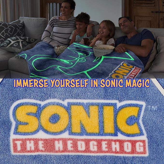 Sonic The Hedgehog Glow in The Dark Throw Blanket 51x59” for Kids, Soft Fleece Throw Blanket for Sofa Bed, Gamer Gifts for Kids (Blue Sonic)