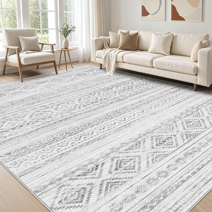 cotiled 9x12 Area Rugs Living Room Rug: Washable Boho Rugs with Non Slip Backing Large Soft Indoor Stain Resistant Carpet for Bedroom Farmhouse Dining Room Lightweight Home Decor Light Grey