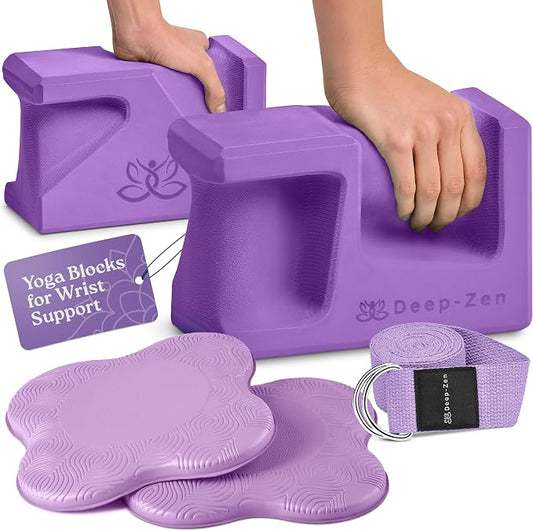 PRO Yoga Blocks | Ergonomic Yoga Block 2 Pack for Wrist Comfort and Support | EVA Foam Exercise Blocks, 2x Knee Pads & Yoga Strap | Pilates Block Set | Bricks to Eliminate Wrist Pain