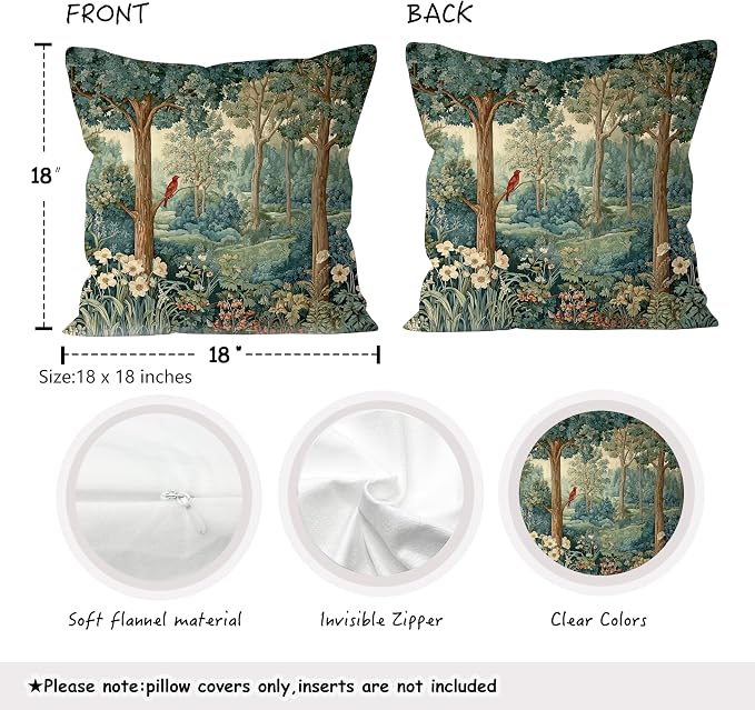 Rustic Spring Forest Pillow Covers 18x18 Double-Sided, Cottagecore Forest Nature Botanical Wildflower Decorative Throw Pillow Covers for Sofa Bed Bedroom Living Room Set of 2