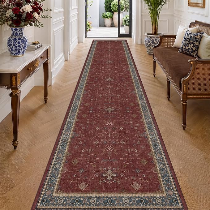 Hazo Haus Boho Washable 3x16 Extra Long Hallway Runner Rug, Burgundy Waterproof Large Kitchen Floor Rug Indoor, Non-Slip Stain & Fade Resistant, Vintage Unique Bohemian Red Décor