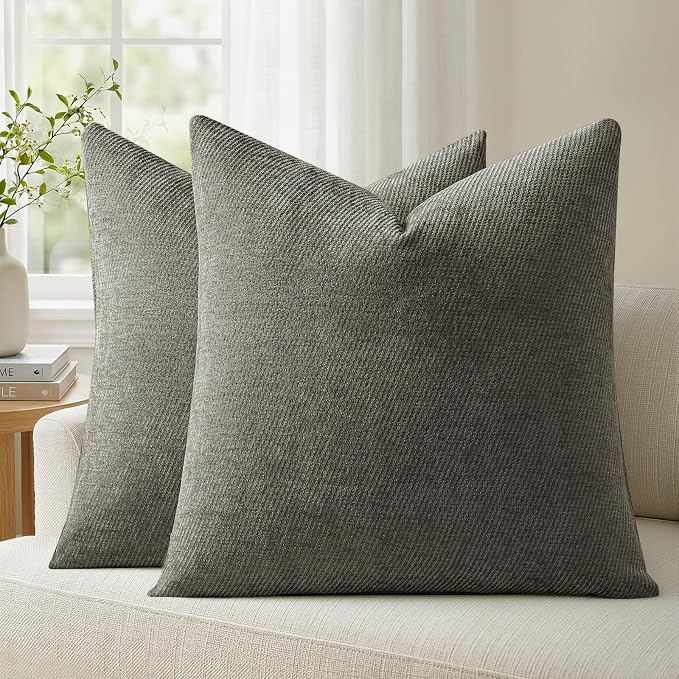 a moment Pack of 2 Decorative Chenille Throw Pillow Covers with Twill Cushion Covers for Sofa Living Room Couch Bed 26x26 Inch Dark Gray
