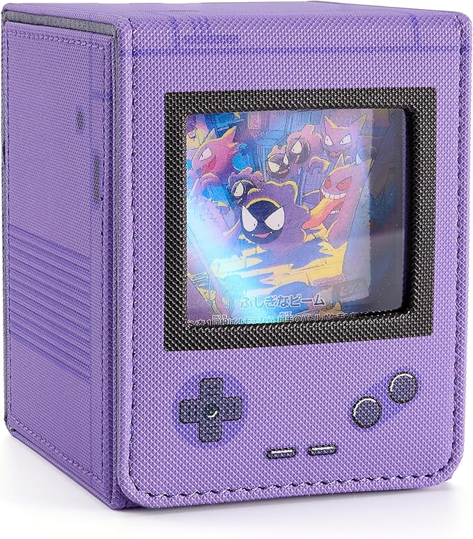 Retro Gaming Console Appearance MTG Deck Box with Commander Display, Card Deck Case Fit 120 Single Sleeved Cards, PU Leather Magnetic Card Storage Box with 2 Dividers, Compatible with TCG/PTCG(Purple)