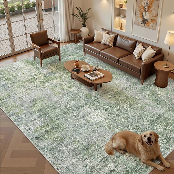 Soalmost Abstract Rug 8x12 Large Living Room Area Rugs Washable Green/Ivory | Modern Non-Slip Carpet for Dining Bedroom, Stain Resistant Foldable Thin Low Pile Floor Mat Under Table Home Office Decor