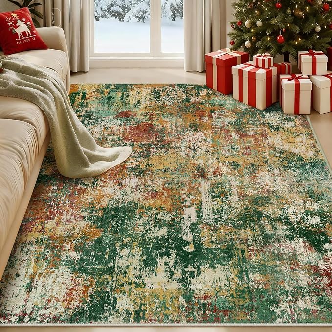 RELEANY Washable 5'x7' Abstract Area Rug for Living Room Green Multi | carpet for bedroom, kitchen, office, hallway and entryway, printed pattern, non-slip, soft, stain-resistant, easy to clean