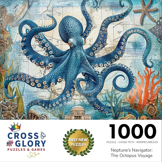 Cross & Glory 1000 Piece Jigsaw Puzzle for Adults | Neptune’s Navigator: The Octopus Voyage | Marine Ocean Artwork Puzzle | Challenging Brain Teaser