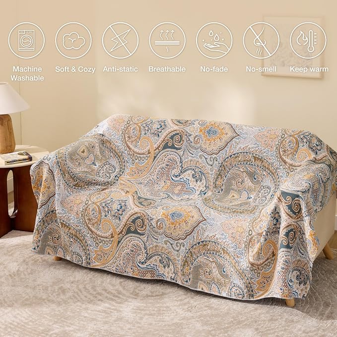 100% Cotton Boho Throw Blanket for Home Decor – Classic Farmhouse Quilt Bedding, Muslin Blankets for Adults, Vintage Woven Decorative Blanket for Couch, Bed Layering Use, Paisley Pattern, 60"x80"