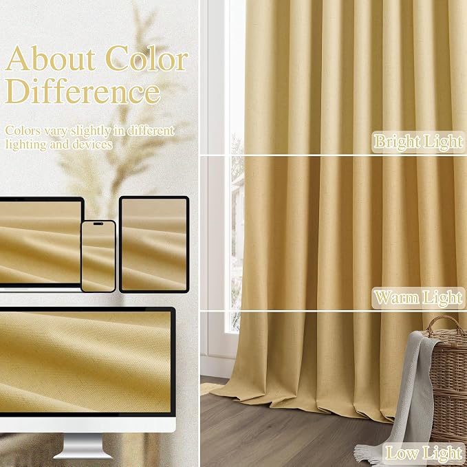 Guken 100% Blackout Curtains 84 Inch Length 2 Panels Set for Living Room Bedroom Back Tab Thermal Insulated Black Out Linen Drapes Room Darkening Window Curtains 84 Inches Long,Gold Yellow