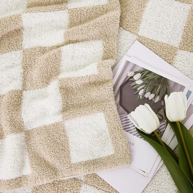 Soft Checkered Throw Blanket for Couch-Cozy Warm Knitted Blankets | Lightweight Warm Fluffy Decor for Women, Mom, Her & Girls, Sofa, Chair, Bed, 50x60in,Beige
