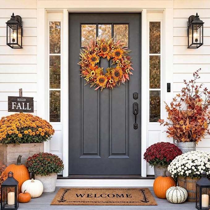 22" Fall Wreath Front Door Sunflower Artificial Wall Decor Farmhouse Autumn Wreath Thanksgiving Home Porch Outdoor Indoor Holiday Harvest Decor
