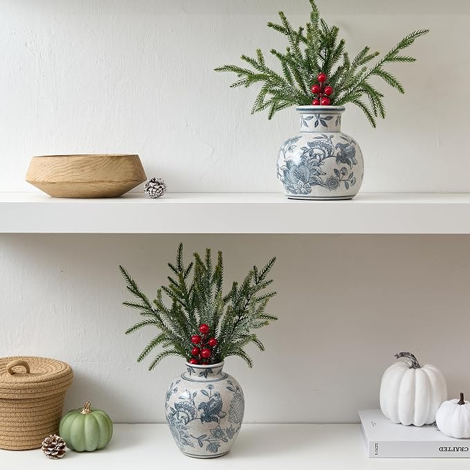 SIDUCAL Blue and White Vintage Vase | 6 Inch Ceramic Chinoiserie Floral | Retro Ice Cracked Blue and White Porcelain Vase for Table, Living Room, Bathroom Decoration, Wedding, Shelf Decor, Mantel