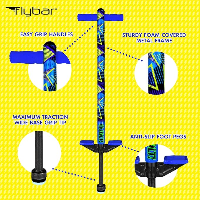 Flybar Jolt Pogo Stick for Kids, Perfect for Beginners w/Foam-Covered Metal Frame, Handles & Padding, Non-Slip Foot Pads, Wide Tip, Outdoor Active Play Toy for Boys & Girls, Ages 6+, Geo