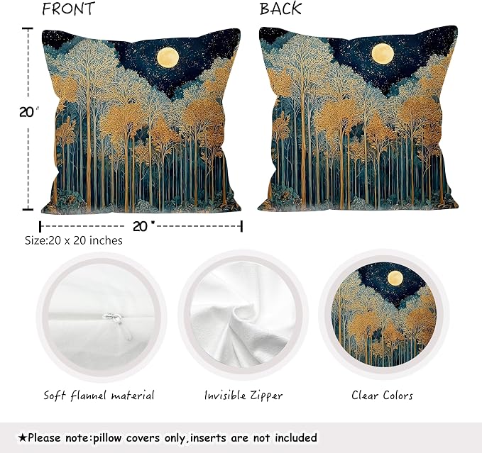 Rustic William Morris Inspired Gold Forest Moon Pillow Covers 18x18 Set of 2,Vintage Black and Gold Botanical Moon Nature Landscape Decorative Throw Pillow Covers for Home Bedroom Living Room