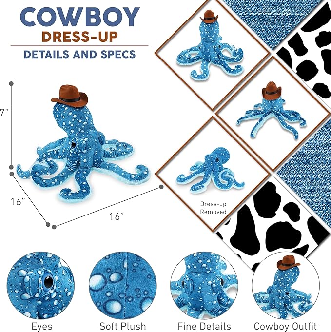 DolliBu Blue Octopus Stuffed Animal Cowboy Hat Plush with Name Personalization - Western-Themed Octopus Plush with Cute Cowboy Costume Hat - 16 Inches