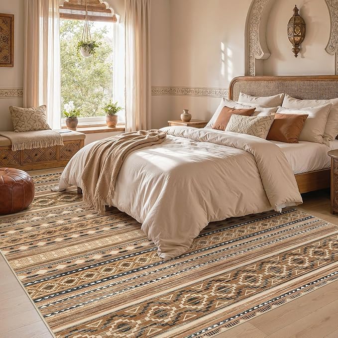 cotiled 10x12 Area Rugs Living Room Rug: Washable Boho Rugs with Non Slip Backing Large Soft Indoor Stain Resistant Carpet for Bedroom Farmhouse Dining Room Lightweight Home Decor Brown/Beige
