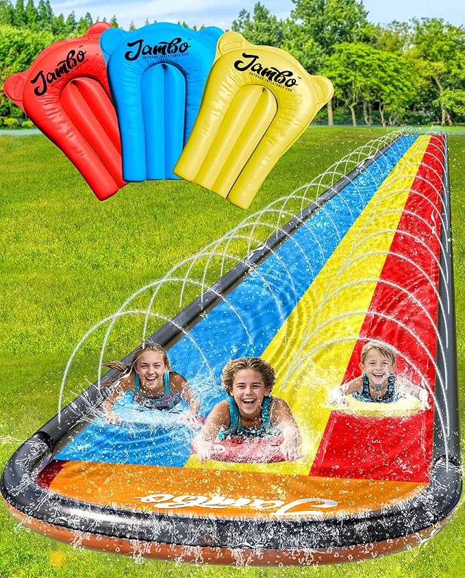 JAMBO 18ft Triple Lane Slip Splash and Slide with 3 Bodyboards with Built in Surround Sprinkler for Backyard Outdoor Water Fun for Kids