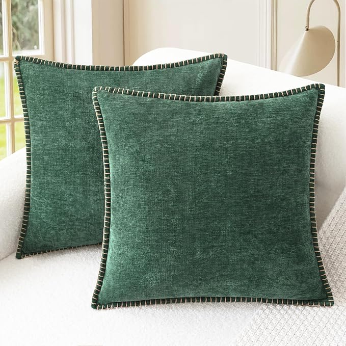 CaliTime Decorative Couch Throw Pillow Covers 22 X 22 Inches Dark Green | Pack of 2, Cozy Chenille Cushion Cases, Cotton Thread Stitching Edges, for Sofa Bed Living Room Farmhouse