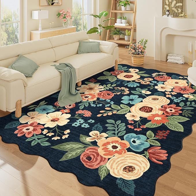 DUKINO 5x7 Area Rugs for Bedroom, Floral Washable Rug Non Slip, Navy Blue | Low Pile, Soft, Stain Resistant Throw Rugs for Living Room, Dining Room, Office, Nursery, Pet Friendly, Modern Home Decor