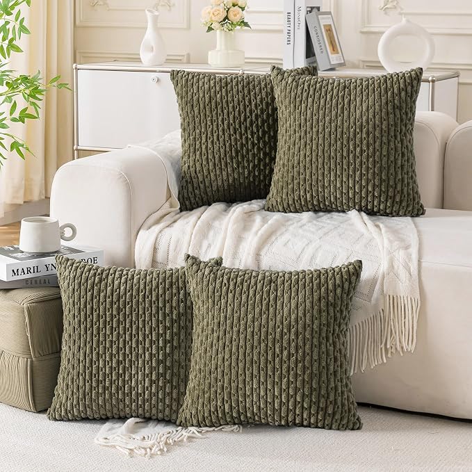 Set of 4 Olive Green Decorative Throw Pillow Covers 22x22 Inch Corduroy Pillow Covers for Bed Couch Sofa Living Room Soft Square Cushion Cases
