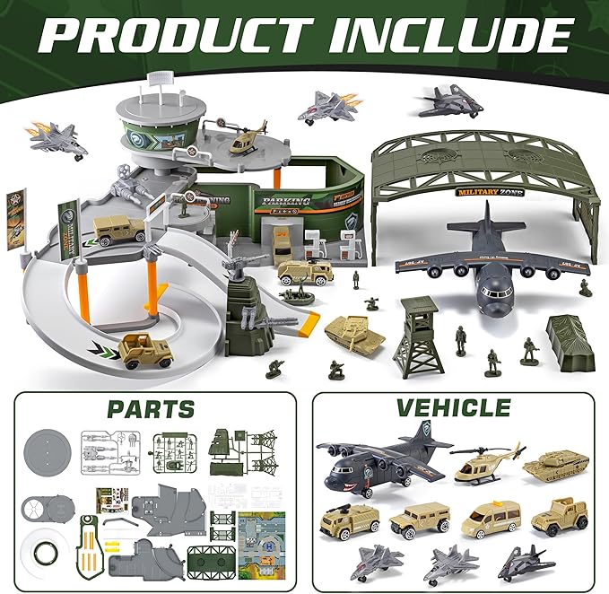 Military Base Toy Race Track Set with Airplane, Tanks, Cars, Helicopters, Fighter Jets, Army Men Action Figures and Play Mat, Army Vehicle Toys for Kids, Ideal Gift for Boys Girls