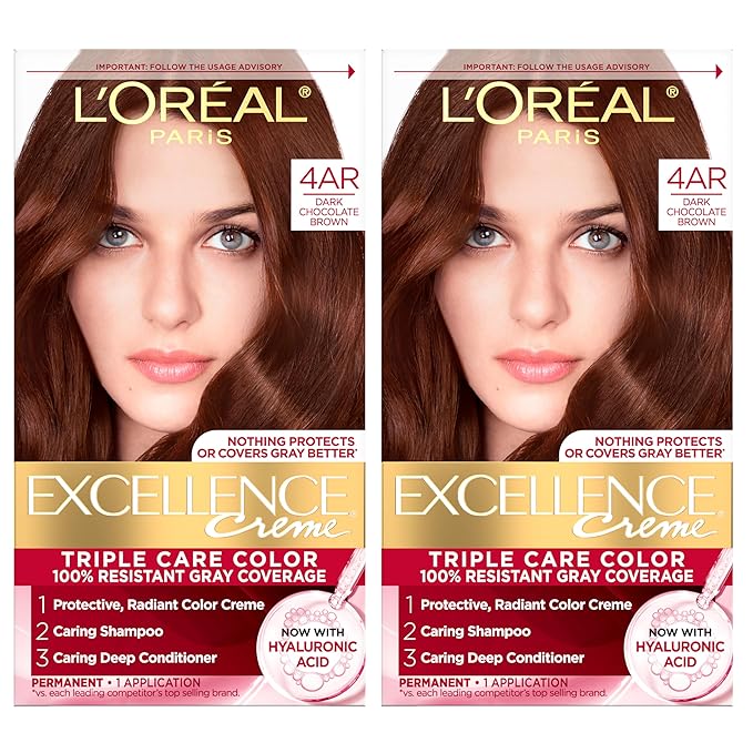 L'Oreal Paris Excellence Crème Permanent Hair Dye, Triple Care Hair Color with Hyaluronic Acid for 100% Gray Coverage, 4AR Dark Chocolate Brown, 1 Kit (Pack of 2) (Packaging May Vary)