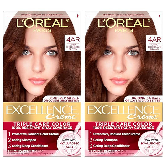 L'Oreal Paris Excellence Crème Permanent Hair Dye, Triple Care Hair Color with Hyaluronic Acid for 100% Gray Coverage, 4AR Dark Chocolate Brown, 1 Kit (Pack of 2) (Packaging May Vary)