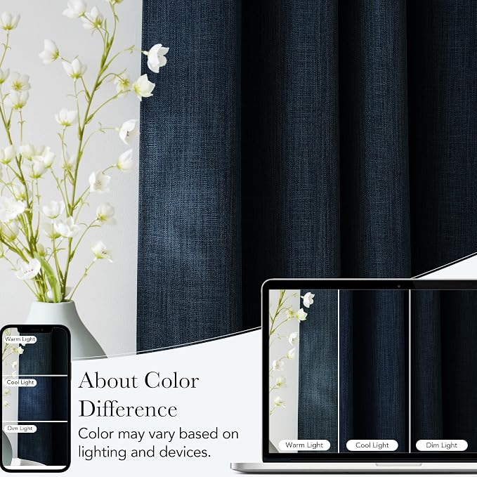 NICETOWN Navy Blue Faux Linen Room Darkening Rod Pocket Curtains 63 inch Length, W42 x L63, Light Blocking Thermal Insulated Noise Reducing Drapes for Bedroom Living Room Farmhouse Decor, 2 Panels