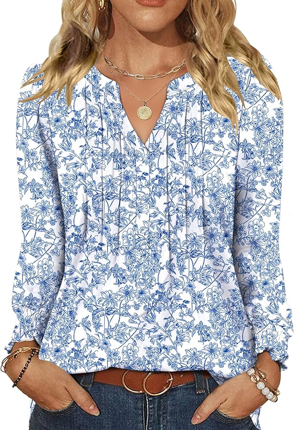 LOMON Womens Tops Dressy Casual Pleated Ruffle Long Sleeve Tunics Tops to Wear with Leggings V Neck Work Blouse