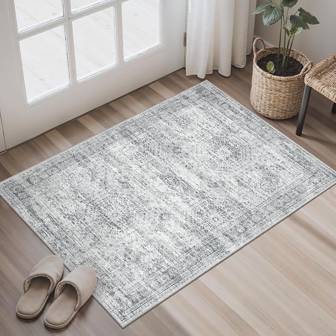 Soalmost 2x3 Washable Rugs for Kitchen, Entryway, Small Area Rug Grey | Non-Slip Vintage Low Pile Throw Door Mat For Bathroom Entry Laundry Powder Room, Stain Resistant Indoor Entrance Floor Carpet