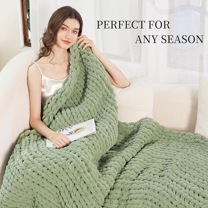 Chunky Knit Blanket Throw for Couch, 60"x80" Chunky Yarn Knitted Blankets | 100% Hand Knit Thick Chenille, Soft Breathable for Bed, Sofa, Home Decor, Cozy Gifts for Women Friends, Sage Green