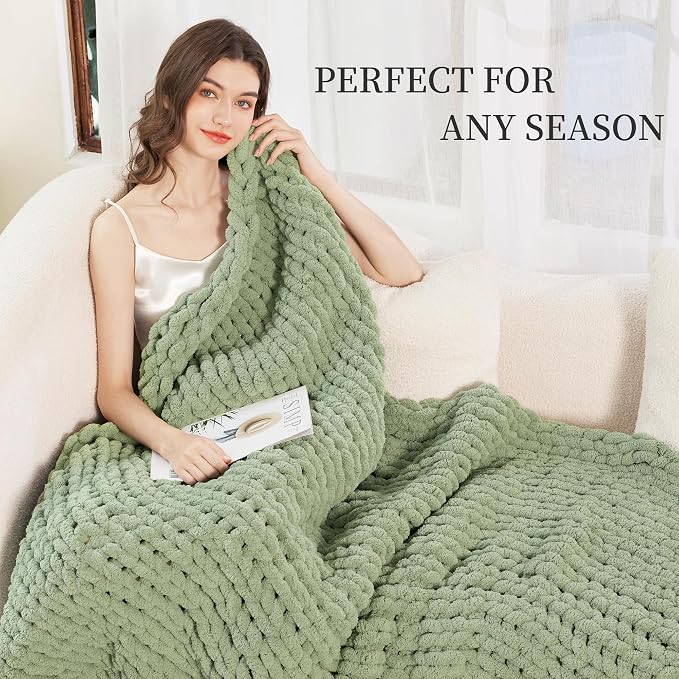 Chunky Knit Blanket Throw for Couch, 40"x50" Chunky Yarn Knitted Blankets | 100% Hand Knit Thick Chenille, Soft Breathable for Bed, Sofa, Home Decor, Cozy Gifts for Women Friends, Sage Green