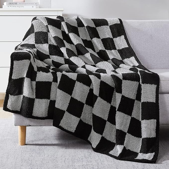 Soft Checkered Throw Blanket for Couch-Cozy Warm Knitted Blankets | Lightweight Warm Fluffy Decor for Women, Mom, Her & Girls, Sofa, Chair, Bed, 50x70in, Black Grey