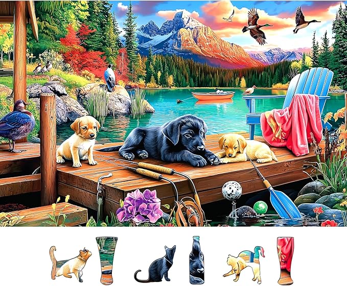 Lake Dock Puppies 500 Piece Puzzles for Adults Mountain Forest Outdoor Scene Jigsaw Puzzle with Cute Dogs,Ducks & Fishing Gear - Challenging Family Game for Adults Ideal Gift