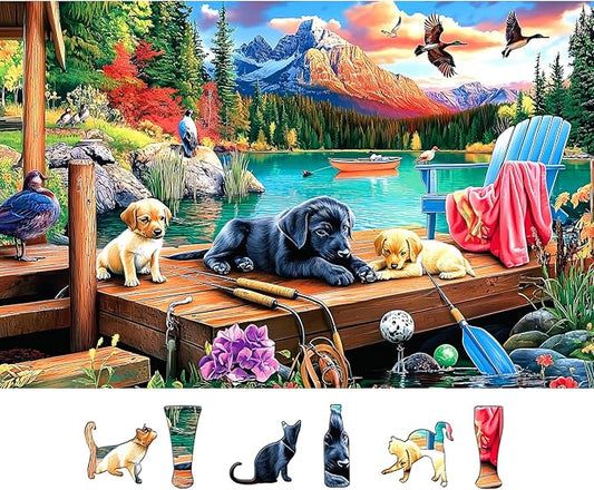 Lake Dock Puppies 500 Piece Puzzles for Adults Mountain Forest Outdoor Scene Jigsaw Puzzle with Cute Dogs,Ducks & Fishing Gear - Challenging Family Game for Adults Ideal Gift