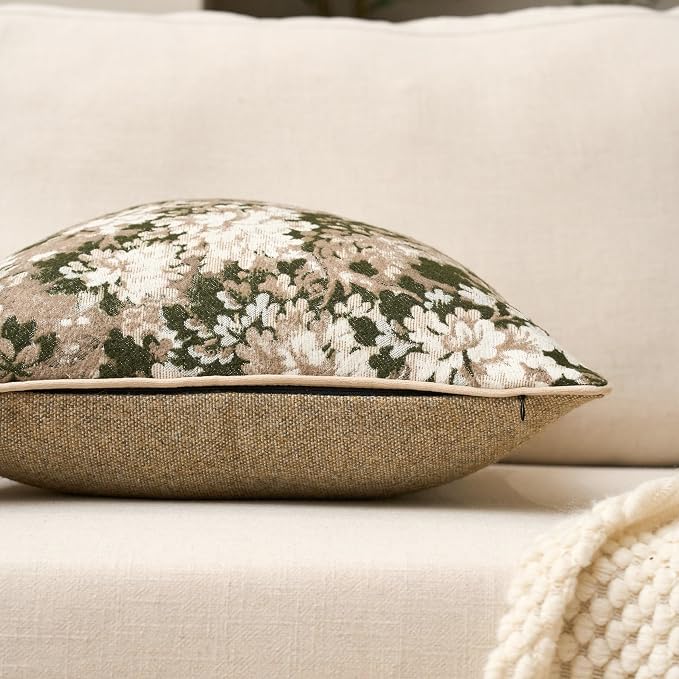 Neutral Floral Pillow Cover 12 x 20 Inches, Vintage Chenille Rectangle Throw Pillow Cover Soft Decorative Farmhouse Accent Couch Pillow Cover for Living Room Bedroom, Green