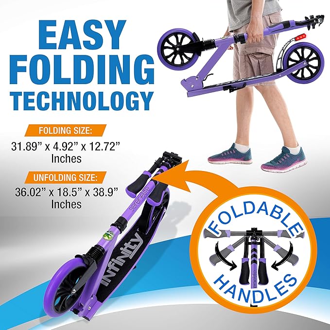 SereneLife Two Wheel Scooter for Teens, Smooth Gliding Kick Scooter for Adults w/Adjustable Height for Ages 8+, Portable All Terrain Scooter w/Carry Straps, Easy to Fold