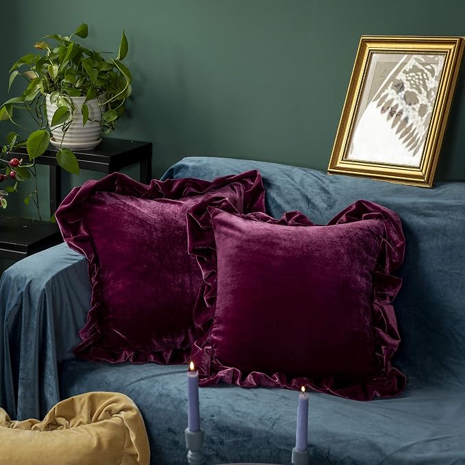 GLORY SEASON Velvet Throw Pillow Cover Soft Decorative Luxurious Solid Square Cushion Case for Sofa Couch Bedroom Farmhouse,Pack of 2, 18 x 18 Inches, Amaranth